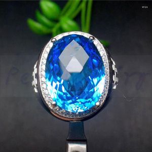 Pierścienie klastrowe Pierścień Naturalny prawdziwy niebieski topaz 925 srebrny srebrny 12 16 mm 14ct duży kamień szlachetny biżuteria dla lub kobiety x22114
