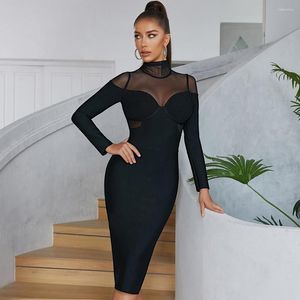 Abiti casual Collo alto Prospettiva Sexy Nero Moda Elegante Slim Fit Abito lungo dalla fasciatura Abiti da cerimonia per feste da donna Stile 2023