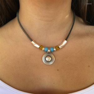 Pendant Necklaces Boho Ethnic Style Vintage Round For Women Creative Faux Turquoise Beaded Leather Cord Party Jewelry