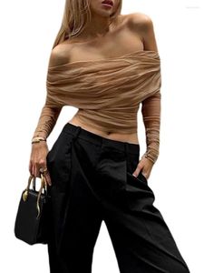 Women's Blouses Women Spring Autumn Off Shoulder Long Sleeve Top Solid Boat Neck Pleated Slim Fit Cropped T-Shirt Streetwear