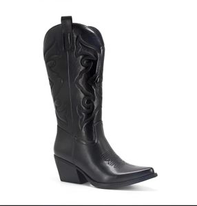 Gold mittlere Kältestiefel Frau Seite Reißverschluss Silber spitzer Western Cowboy-Stiefel Retro Fashion Black Stiefel Plus Size 36-43 Frauenstiefel für Mädchenpartyschuhe