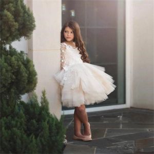Girl Dresses Vintage Tulle Lace Printing Long-sleeved Princess Flower Wedding Party Ball First Communion Gowns Kids Gift