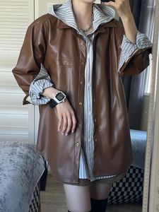 Women's Leather Faux Jacket Women Korean Fashion Vintage Brown Coat Female Autumn Casual Long Sleeve Turn Down Collar Oversized Overcoat