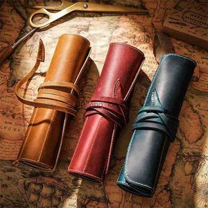 Pencil Bags 100% Genuine Leather Rollup Pencil Bag Storage Pouch Organizer Wrap Bag Vintage Retro Creative School Stationary Product HKD230902