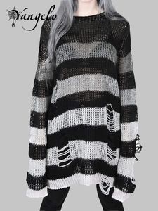 Men's Sweaters Punk Gothic Striped Long Sweater Stretch Thin Pullover Broken Sweater Hollow Out Slit Spring Knit Top Jumpers Y2K Clothes for DP 230901