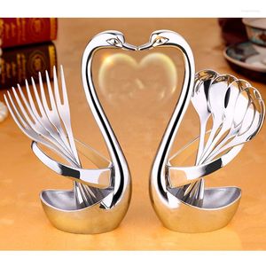 Forks Stainless Steel Silver Tableware Fruit Dessert Flatware Dinnerware Swan Base Holder With 5 And Coffee Spoons