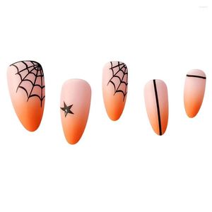 Unhas falsas amêndoa falsa com cola de unhas halloween artificial dedo manicure aranhas web gel kit para diy em casa