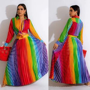 Kolorowa pasiastka dwuczęściowa sukienka Kobieta swoboda koszuli z długim rękawem i setki spódnicy Maxi Free Ship