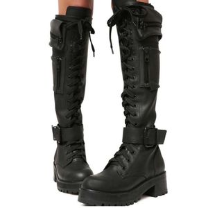 Herbst Winter Mode Frauenstiefel mit niedriger Absatzdicke Sohle Zipper Klopfen -UP -Stiefel Britische Stil sexy Lederstiefel für Mädchen Party Schuhe 35-43