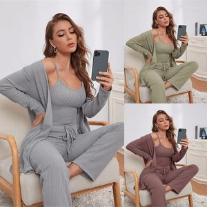 Women's Sleepwear 3 Pcs/set Knitted Pajama Set Fashion Waffle Vest Top Long Pants Robe Sleep Sets Summer Spring Loungewear