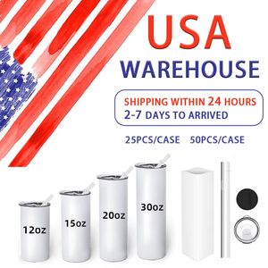 Stocked 12/15/20/30oz Mugs Sublimation Blanks Straight Tumbler 20 oz Stainless Steel Double Wall Insulated Slim Water Tumbler Cup with Lid and Straw