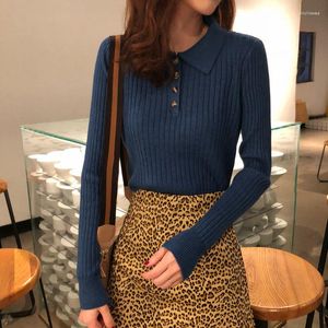 Suéteres femininos Mulheres Tricô Camisola Outono Botão Turn Down Collar Ribbed Pulôver Mulher Slim Fit Manga Longa Sólida