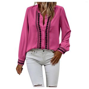 Женская блузская рубашка мода мода V-образное выражение полосы темперамента Tops с твердым цветом пуговица с длинным рукавом Осенняя женская одежда