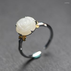 Cluster Rings FNJ Natural Hetian Jade Ring 925 Silver Fashion Original S925 Sterling for Women Jewelry Justerbar blommor