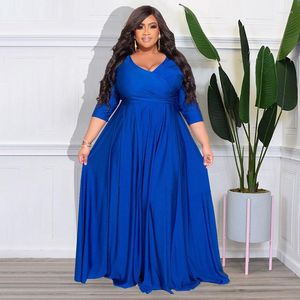 Plus Size Dresses Women Clothing Autumn Elegant V-Neck Solid High Waist Three Quarter Sleeve Evening Part Maxi Vestidos 4XL
