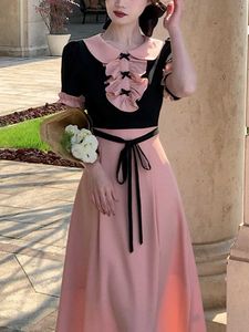 Summer Bow Vintage Elegant Dres A Line Sweet France Party Midi Dress Ladies Peter Pan Collar Korea Style Fairy 230808