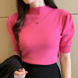Women's Blouses Korean Style Puff Sleeve Ladies Shirt Summer Casual Slim Half Turtleneck Knitted Blouse Women Chic Tank Top Fashion Blusas