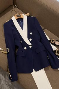 2023 Autumn Blue Contrast Color Panelled Blazers Long Sleeve Lapel Neck Buttons Double-Breasted Outwear Coats O3G312291