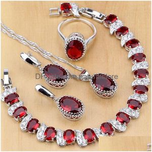 Küpe Kolye Doğal 925 Sterling Sier Mücevher Kırmızı Doğum Taşı Charm Sets Kadın Küpe/Kolye/Kolye/Yüzük/Bilezikler T055 J190 DHI0R