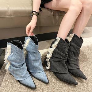 Fashion Tassel Cowgirl Boots for Women Autumn Zima Zimowa jeansu dżinsowe buty kostki kobiety wysokie obcasy plisowane zachodnie botki dla dziewcząt buty imprezowe 35-40