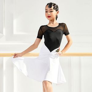 Scen Wear Latin Dance Competition Dress for Girls Short Sleeve Mesh Black White Training Practice Kläder Samba Salsa VDB3418