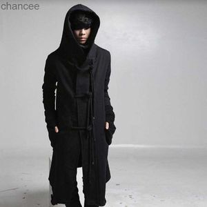 Men's Hoodies Sweatshirts Winter men linen rope button hip hop long hoodie gothic hooded cloak nightclub DJ singer punk rock stage costume fleece hoodies LST230902