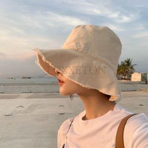 Berets verão borla borda balde chapéu feminino algodão portátil dobrável praia turismo boné senhoras ao ar livre panamá bonés sol chapéus