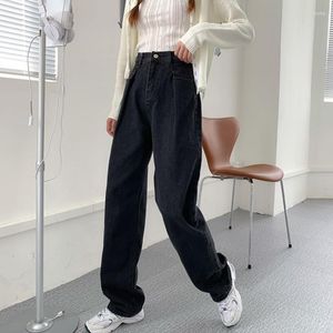 Calças de brim femininas vintage pernas largas retas mulheres preto cintura alta calças jeans de grandes dimensões 2023 primavera casual calças compridas estilo coreano