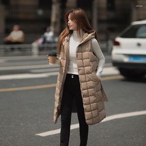 Gilet da donna Autunno Inverno Gilet lungo in cotone caldo Gilet senza maniche con cappuccio da donna con cintura Giacca Veste Femme