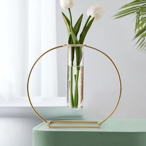 VASES NORDIC MINIMALIST GEOMETRIC WROUGHT IRON透明ガラス水耕栽培装飾リビングルームホームデコレーションテストチューブ