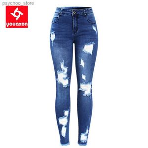 Women's Jeans 2127 Youaxon New S-XXXXXL Ultra Stretchy Blue Tassel Ripped Jeans Woman Denim Pants Trousers For Women Pencil Skinny Jeans Q230901