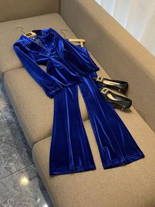 2023 Herbst Blau Einfarbig Zweiteilige Hosen-Sets Langarm Revers Einreiher Blazer Top Schlaghose Hosenanzüge Set Zweiteilige Anzüge O3G302563