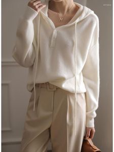 Frauenpullover 2023 Beige Gestrickte Frauen Knopf Pullover Mit Kapuze Pullover Frühling Herbst Weibliche Hohe Qualität Lose Tops Mode Einfachheit