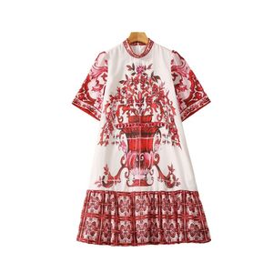 Autumn Blue / Red Paisley Print Beaded Loose Dress Short Sleeve Stand Collar Rhinestone Knee-Length Casual Dresses S3Q270726 Plus Size XXL