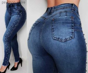 Women's Jeans 2022 Hot Sale High Waist Beaded Hip Lift Jeans For Women Fashion High Stretch Denim Pencil Pants Street Hipster Trousers S-2XL Q230901