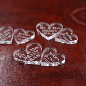 Bomboniera Nuovo all'ingrosso-50 pezzi Cuore di cristallo personalizzato Personalizzato Mr Mrs Love Souvenir Decorazione della tavola Centrotavola Bomboniere Drop Dhctp