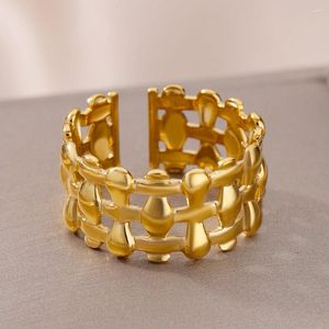 Anéis de cluster vintage banhado a ouro geométrico largo para mulheres casal de aço inoxidável anel de casamento jóias estéticas anillos