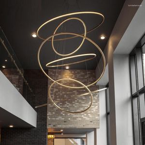 Lustres led luminária luz dourada luxo sala de jantar duplex villa escada grande lustre circular em forma de anel alta vida