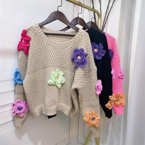 Kvinnors tröjor 2023 Höstens tredimensionella färgglada blommig virkning Pullover stickad tröja toppar mode långärmad vintage stickad