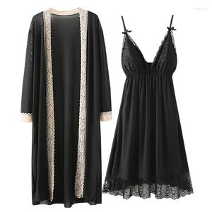 Mulheres Sleepwear Plus Size 3XL 4XL 2 PCS Robe Set Sexy Black Patchwork Lace Nightgown Primavera Verão Kimono Roupão Vestido Cetim Home Wear