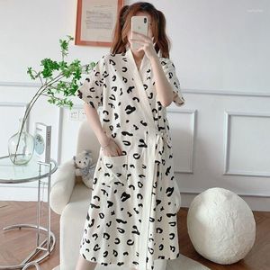 Women's Sleepwear 2023 Summer Bathrobe Cotton Thin Robe Comfort Japanese Style Leopard Printed Sexy Nightgown Femme Homewear