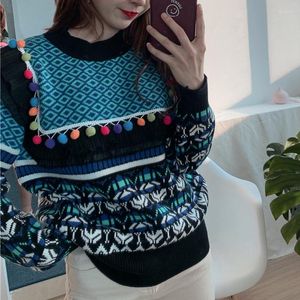 Women's Sweaters 2023 Sweater Autumn And Winter Retro Wood Ears Color Matching Printing Loose Knit Pullover Women Fashion Garland