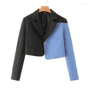 Abiti da donna Primavera Coreana Donna Cowboy Patchwork Colore a contrasto Blazer corti Colletto dentellato Manica lunga Giacca da abito femminile con bottone singolo