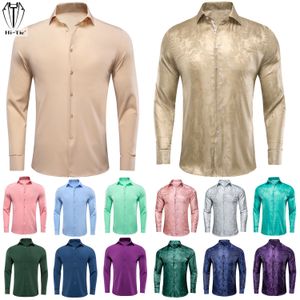 Erkekler Sıradan Gömlekler Hi-Tie Jacquard İpek Erkek Gömlek Uzun Kollu İnce Yakel Elbise Takım Gömlek Sıradan Bluz Sarı Mavi Nane Pembe Mor Yeşil Kahverengi 230901