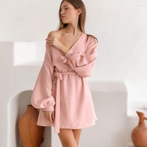 Kadınların Pijama Fener Sleeve Sexy Cobstes için Seksi Cobstes Uyku Kimono Pamuk Cobe Soyun Sash Mini Elbise Döküm Banyatları
