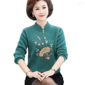 Kvinnors tröjor kvinnor kashmir tröja hösten medelålders mamma tröjor mode cheongsam krage knit toppar femme jumper full 4xl w2347