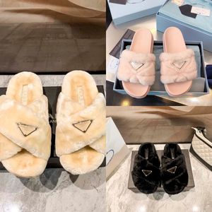 New Autumn and Winter Luxury Designer Fashion Women's Wool Sandals Slippers Triangle Label Stitching Pattern Thick Bottom Slippers Plush Cotton Slippers