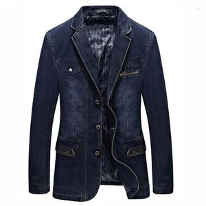 Herrdräkter varumärke klassiska kläder män jackor denim blazer överrock smal passform jeans avslappnad royalblå kostym jacka med lappar