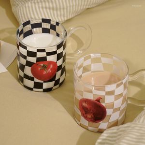 Wine Glasses 300Ml Classic Checkerboard Glass Handmade Heat-Resistant Mug With Handle Fruit Coffee Cup Juice Cold Brinkware