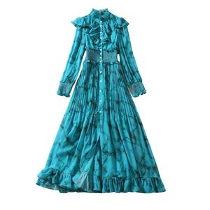 Herbstblaues Kontrastfarben-Rüschen-Chiffon-Kleid mit langen Ärmeln und Stehkragen, getäfelt, langes Maxi-Freizeitkleid S3Q270726